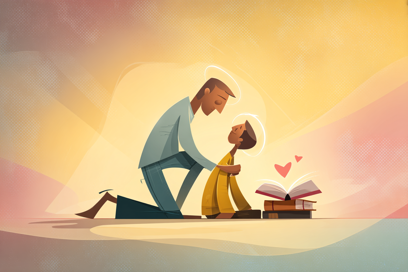A cartoon illustration of a person with a halo gently helping another person up, with golden light shining down and an open Bible and heart symbol nearby.