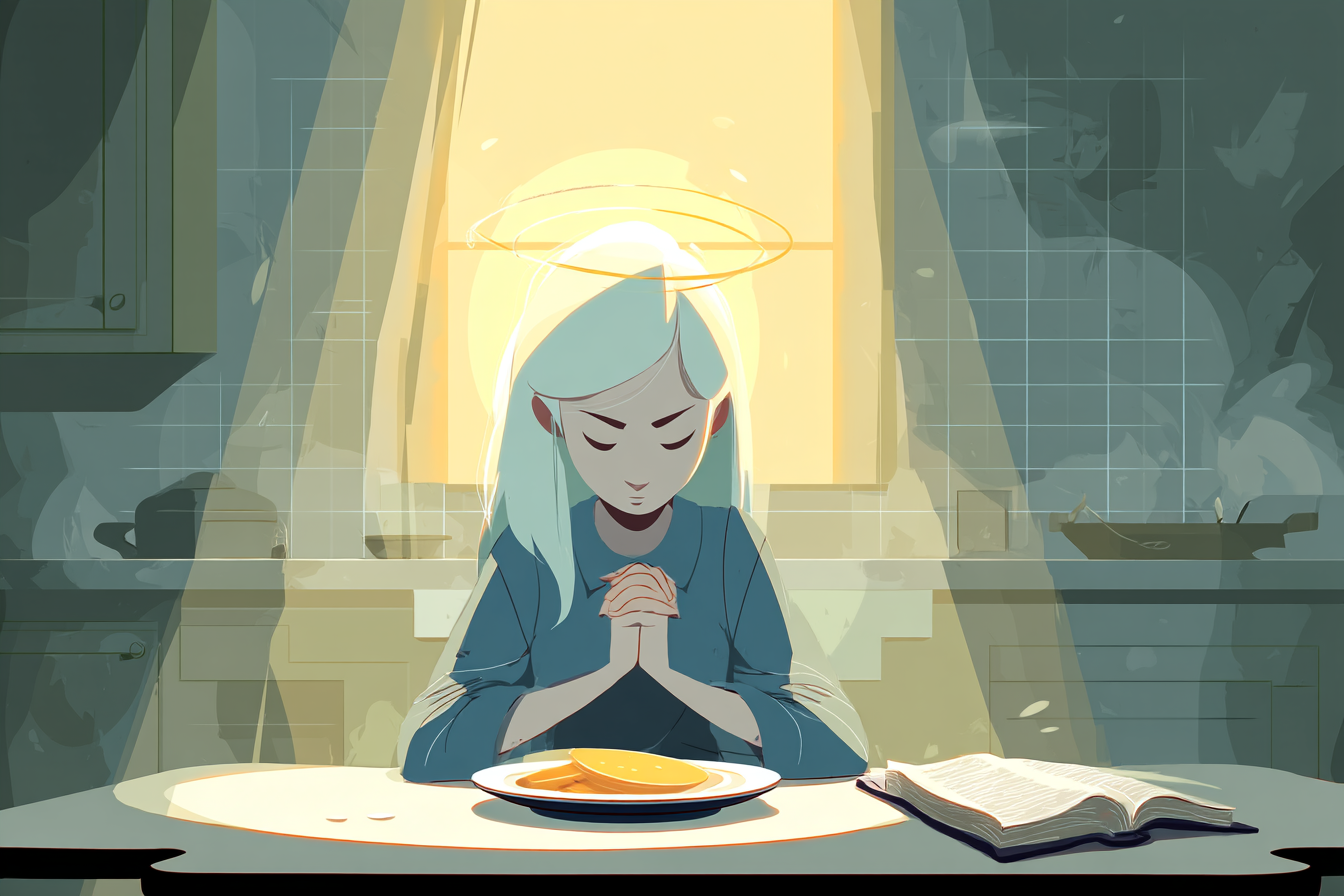 A cartoon illustration of a person with a halo sitting at a table with an untouched plate, praying with folded hands beside an open Bible and golden light shining in.