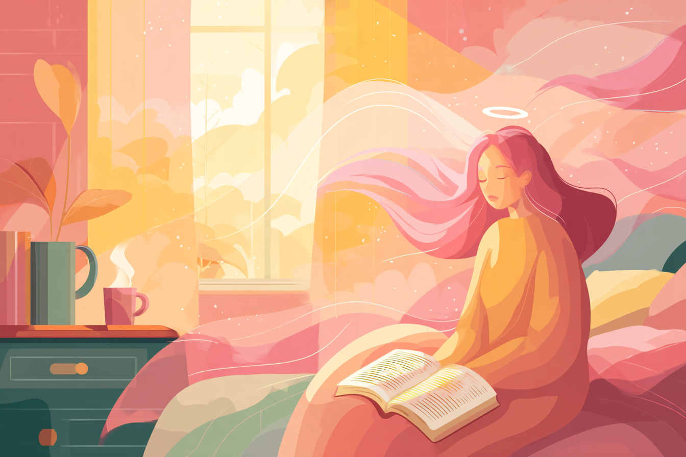 A cartoon illustration of a tired person with a halo sitting on their bed in soft morning light, with an open Bible and a cup of tea nearby.