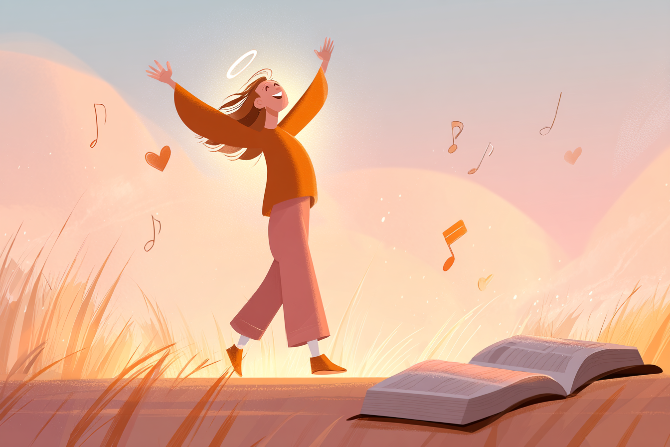 A cartoon illustration of a person with a halo dancing joyfully in a sunrise field, golden light around them, musical notes in the air, and an open Bible nearby.