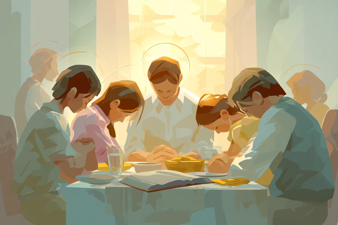 A cartoon illustration of a family or group praying over a meal at the table, with soft halos, golden light, and an open Bible nearby.