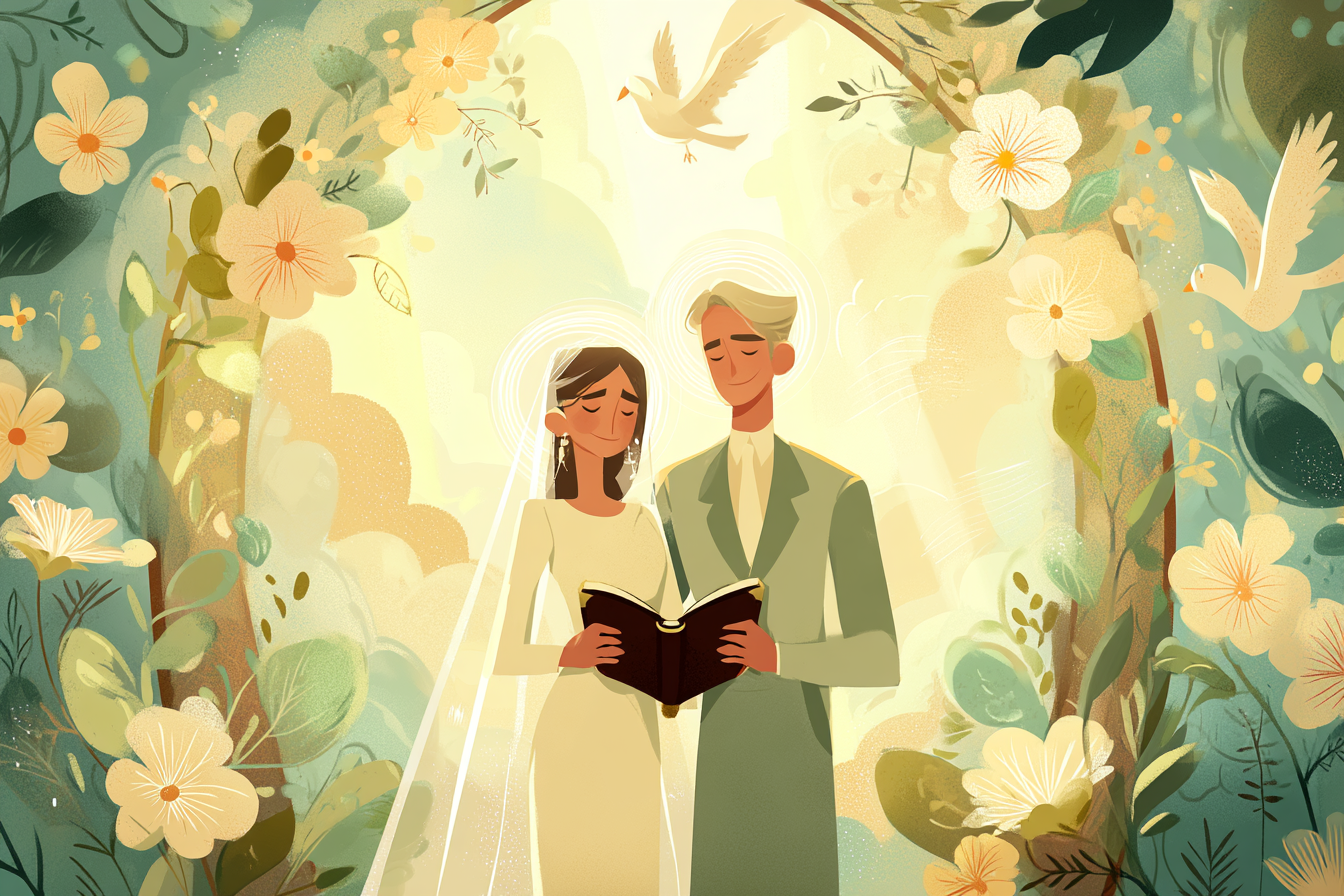 A cartoon illustration of a bride and groom with halos standing under a floral arch, holding an open Bible with golden light around them.