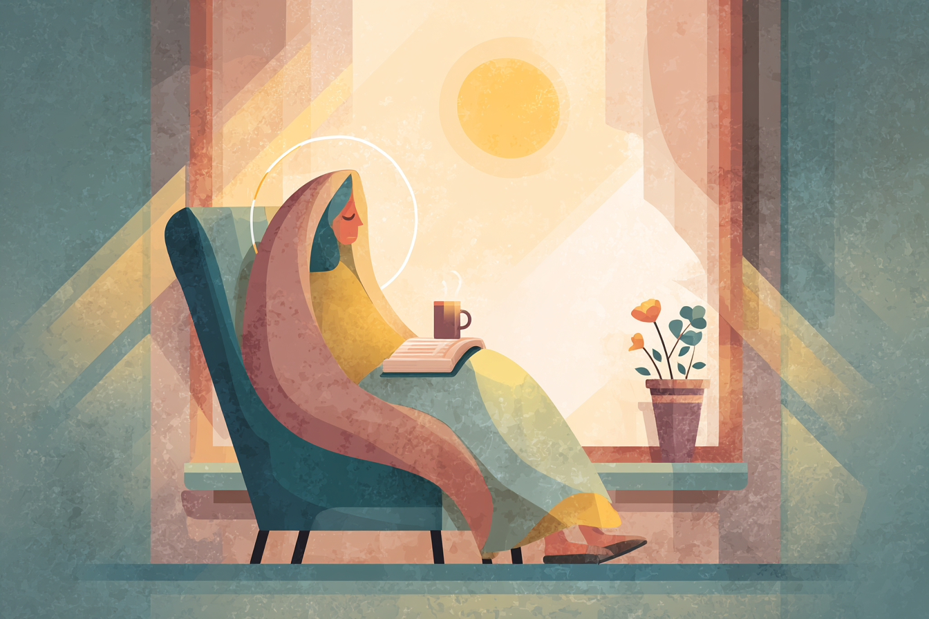 A cartoon illustration of a person with a halo sitting near a sunlit window with an open Bible in their lap, wrapped in a blanket, with a flower and tea nearby.