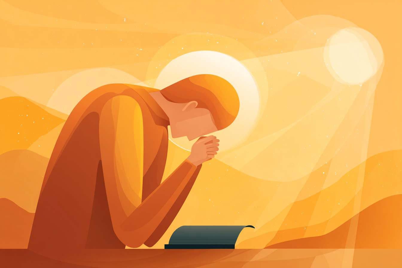 A cartoon illustration of a person with a halo bowing their head in prayer with folded hands over a Bible, golden light shining from above.