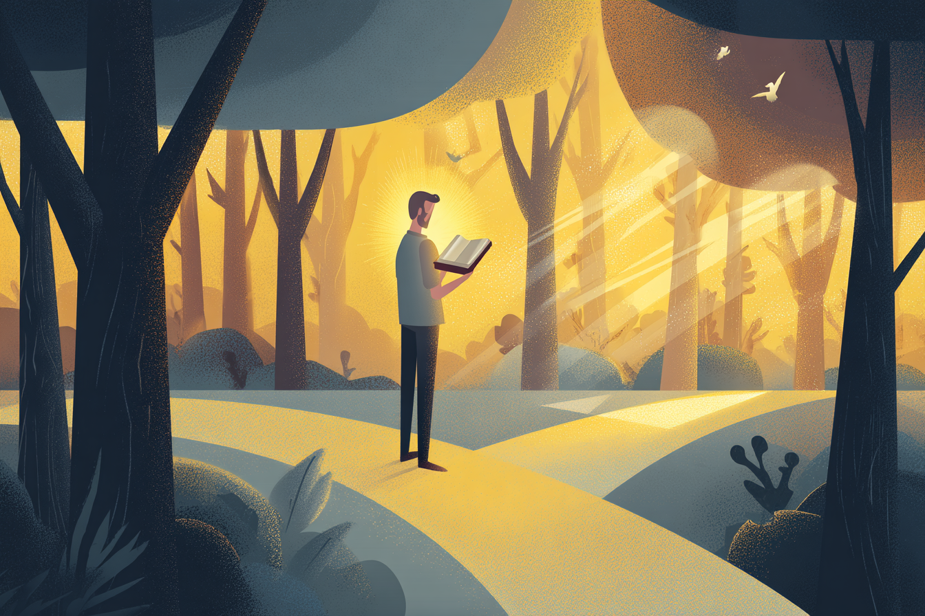A cartoon illustration of a person with a halo standing at a forest crossroads, holding an open glowing Bible with golden light shining through the trees.