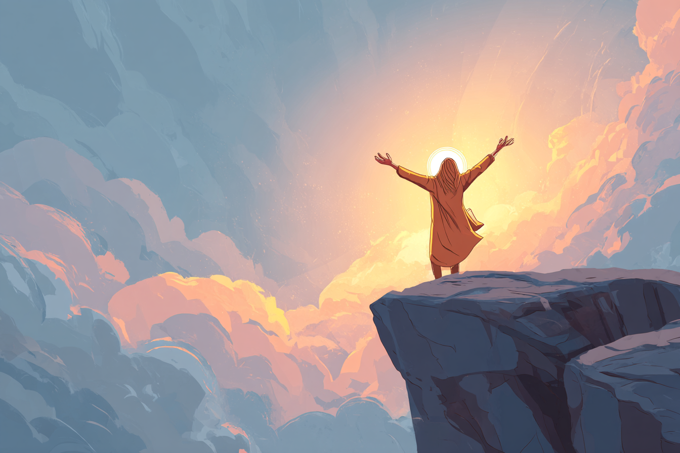 A cartoon illustration of a person with a halo standing boldly on a cliff edge, holding a glowing Bible as golden light breaks through stormy clouds.