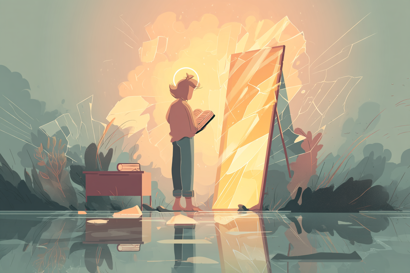 A cartoon illustration of a person with a halo standing beside a broken mirror, an open Bible glowing nearby with golden light shining down.