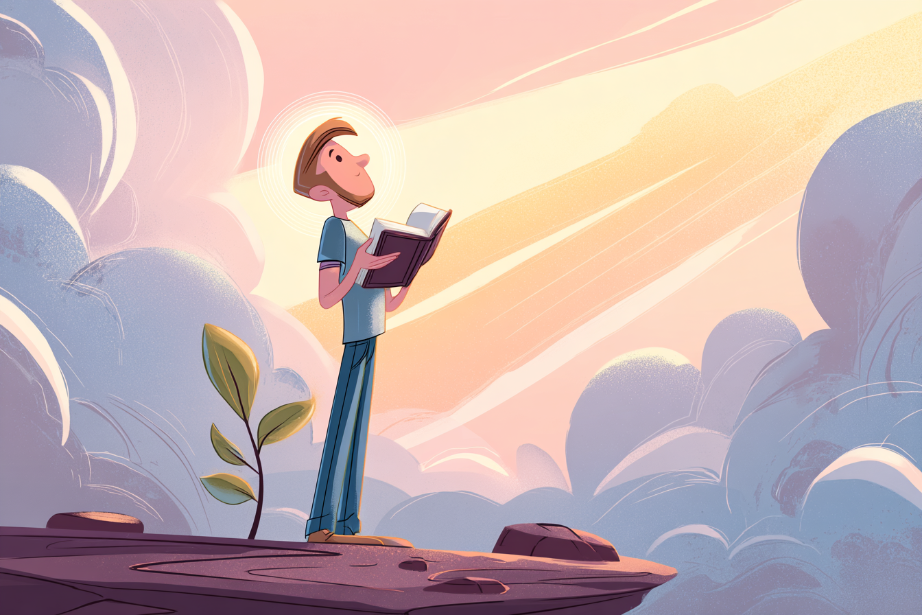 A cartoon illustration of a person with a halo standing firmly on a rocky path, holding a Bible to their chest, golden light above, and a small sprout growing nearby.