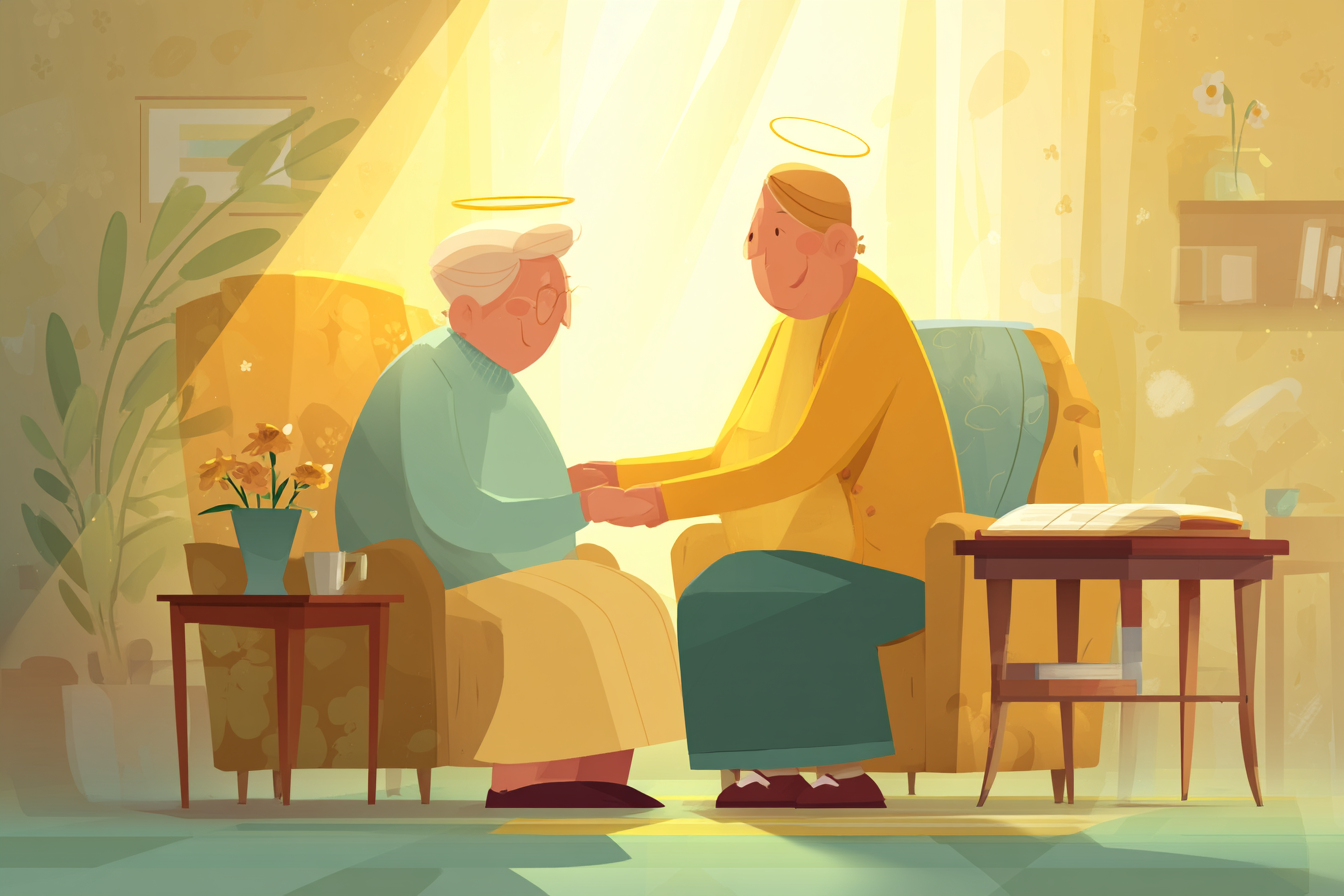 A cartoon illustration of a caregiver holding the hand of an elderly person in a warm room, both with halos and an open Bible nearby.
