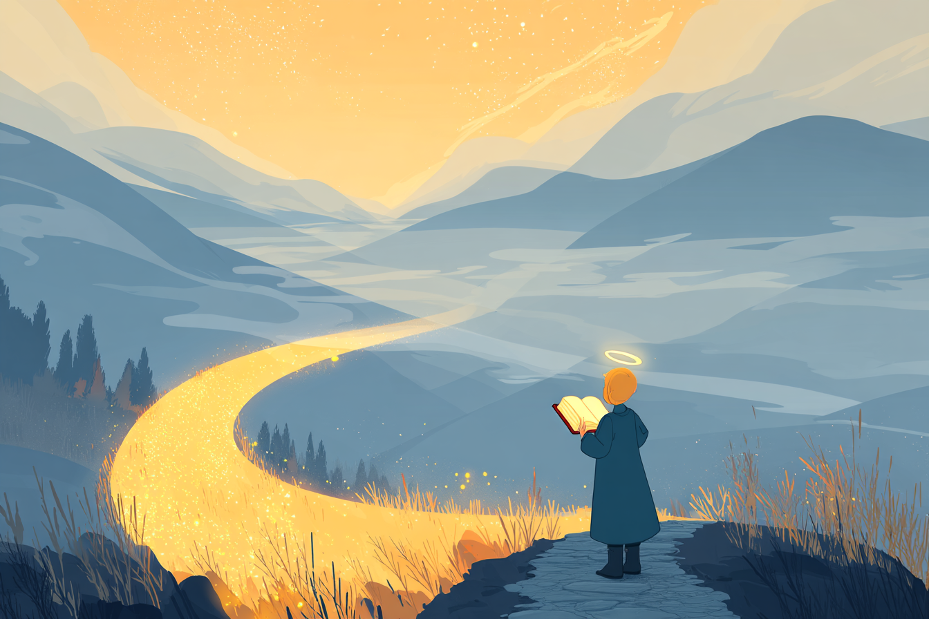 A cartoon illustration of a person with a halo standing on a foggy path, holding a glowing Bible as golden light breaks through the mist ahead.