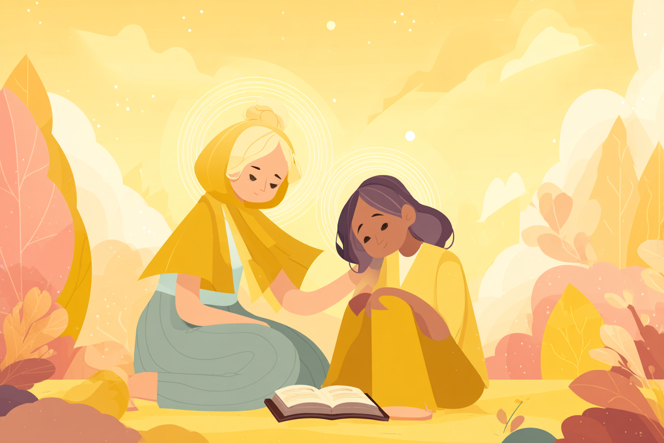 A cartoon illustration of two people with halos sitting together, one offering comfort to the other, with a Bible between them and golden light surrounding them.