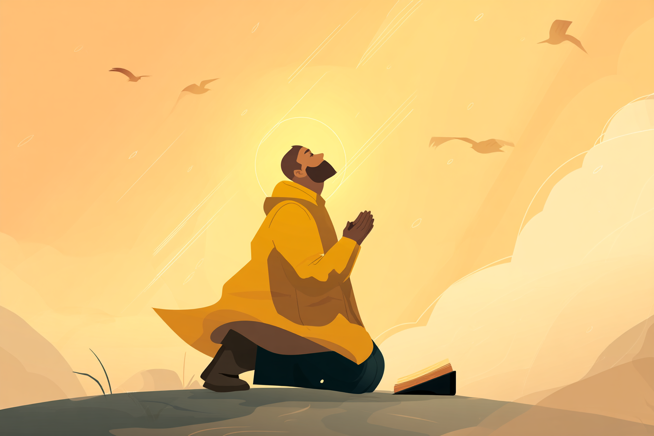 A cartoon illustration of a person with a halo kneeling in prayer at sunrise on a mountaintop, with an open Bible in front and golden light behind them.