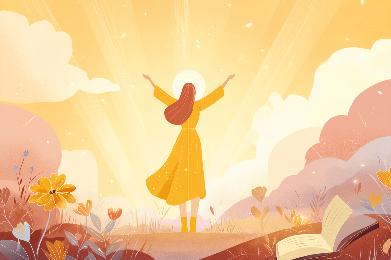 A cartoon illustration of a person with a halo standing in a meadow with arms raised, golden light pouring down and an open Bible glowing nearby.