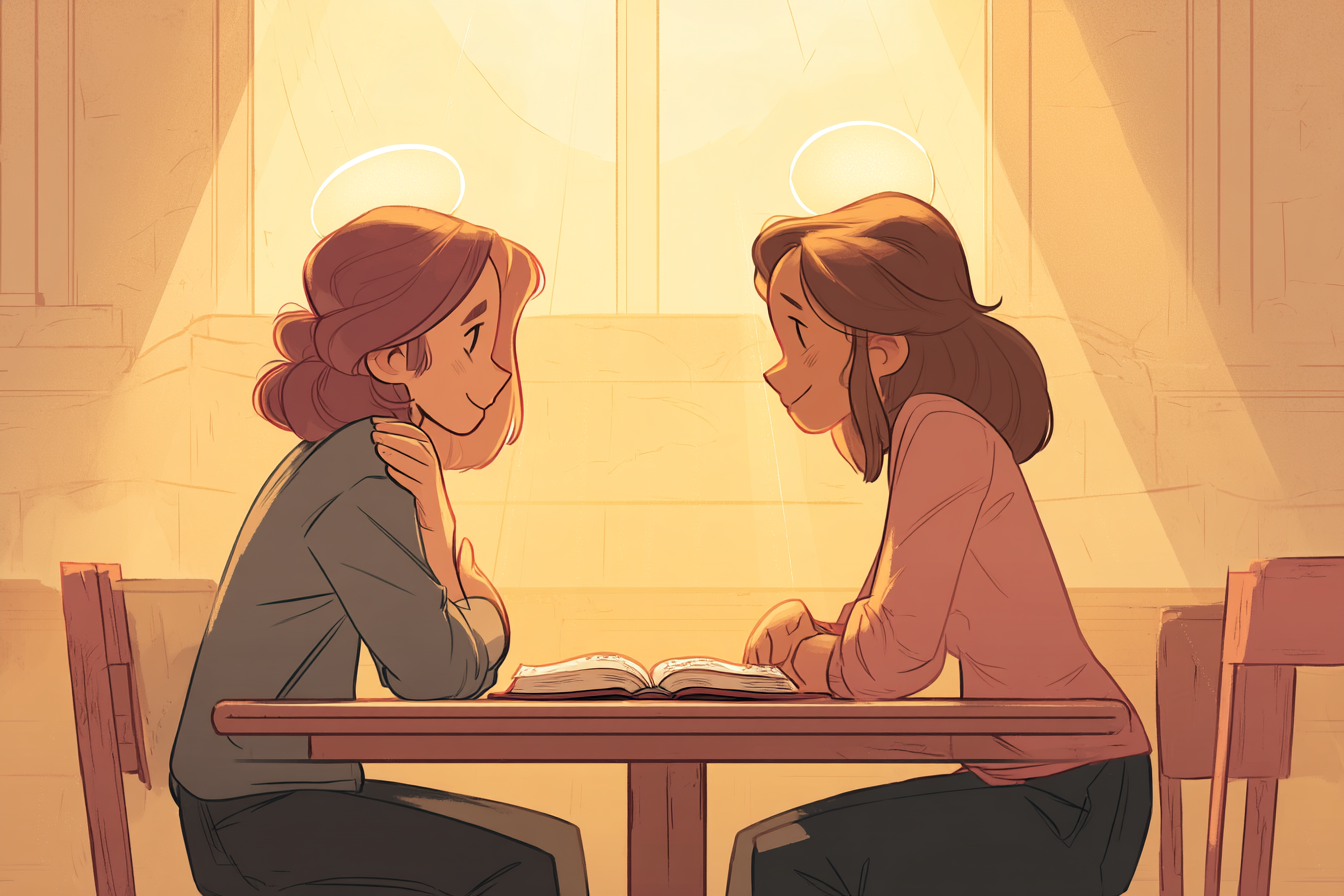 A cartoon illustration of two people with halos sitting across from each other in gentle conversation, an open Bible between them and warm golden light in the room.