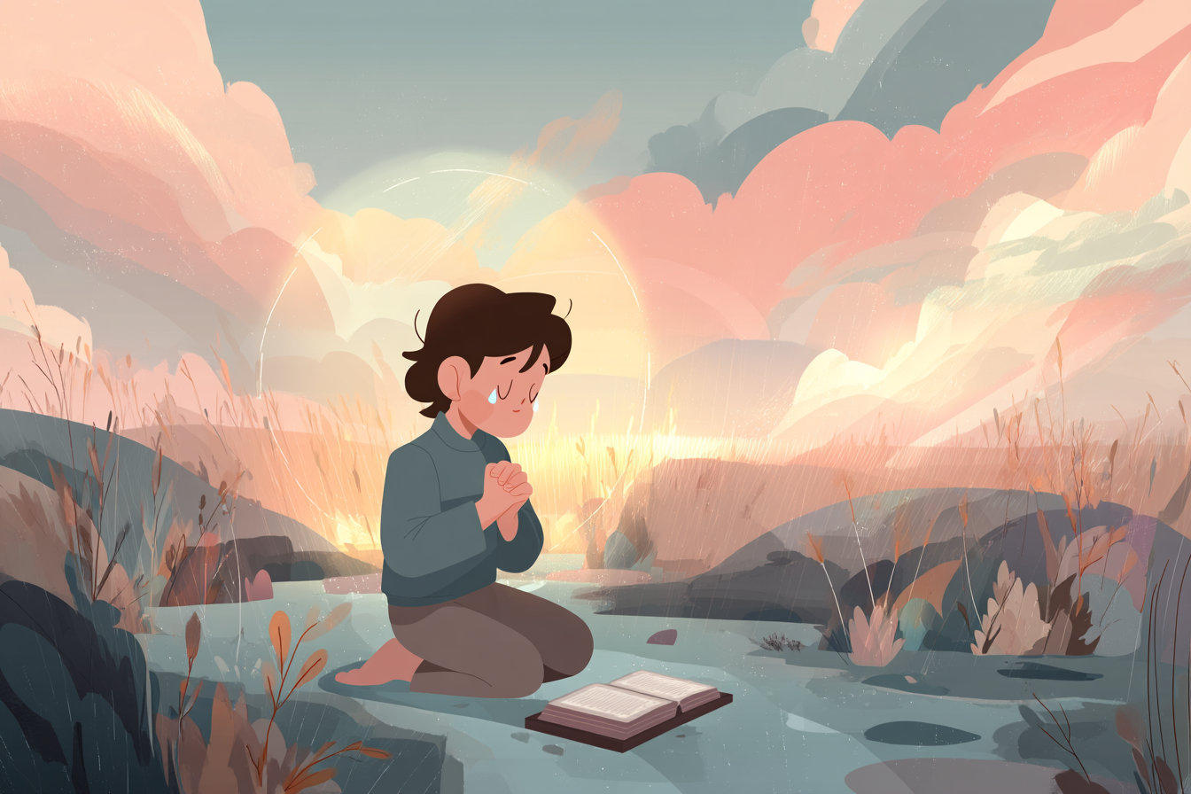 A cartoon illustration of a person with a halo kneeling in a quiet field at dusk, praying with an open Bible and golden light shining through the clouds above.