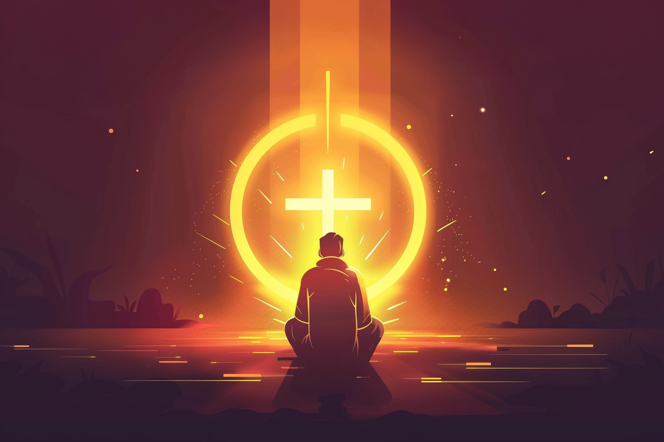 A glowing illustration of a kneeling figure in prayer, halo shining as guilt fades into light at the foot of the cross.