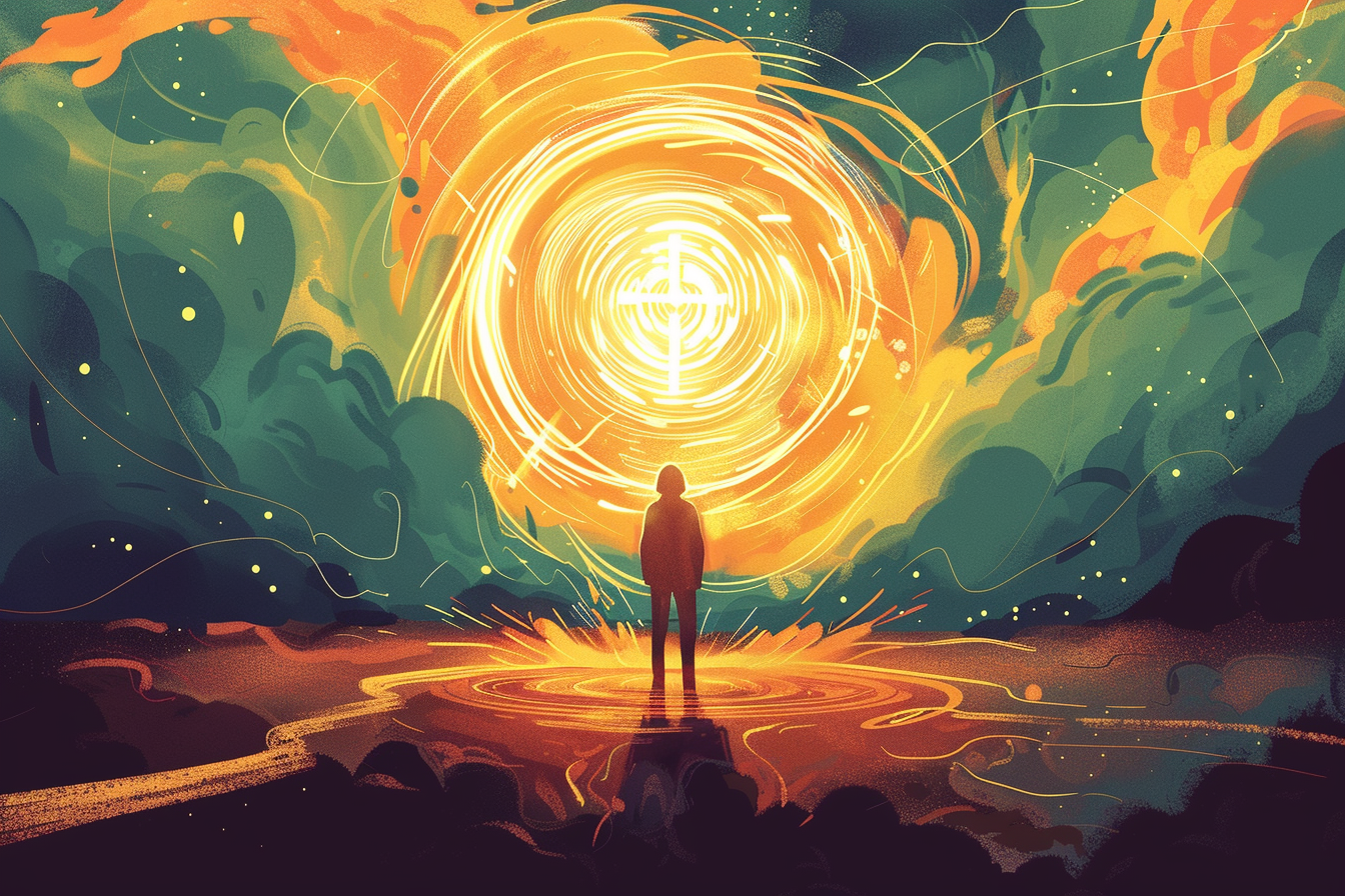 A glowing illustration of a calm figure with a halo standing in the middle of conflict, focused on a radiant cross shining with golden light.