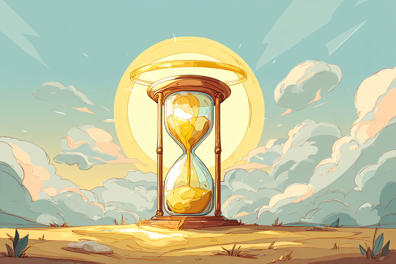 A glowing hourglass with golden sand and a radiant halo, symbolizing God’s perfect timing.
