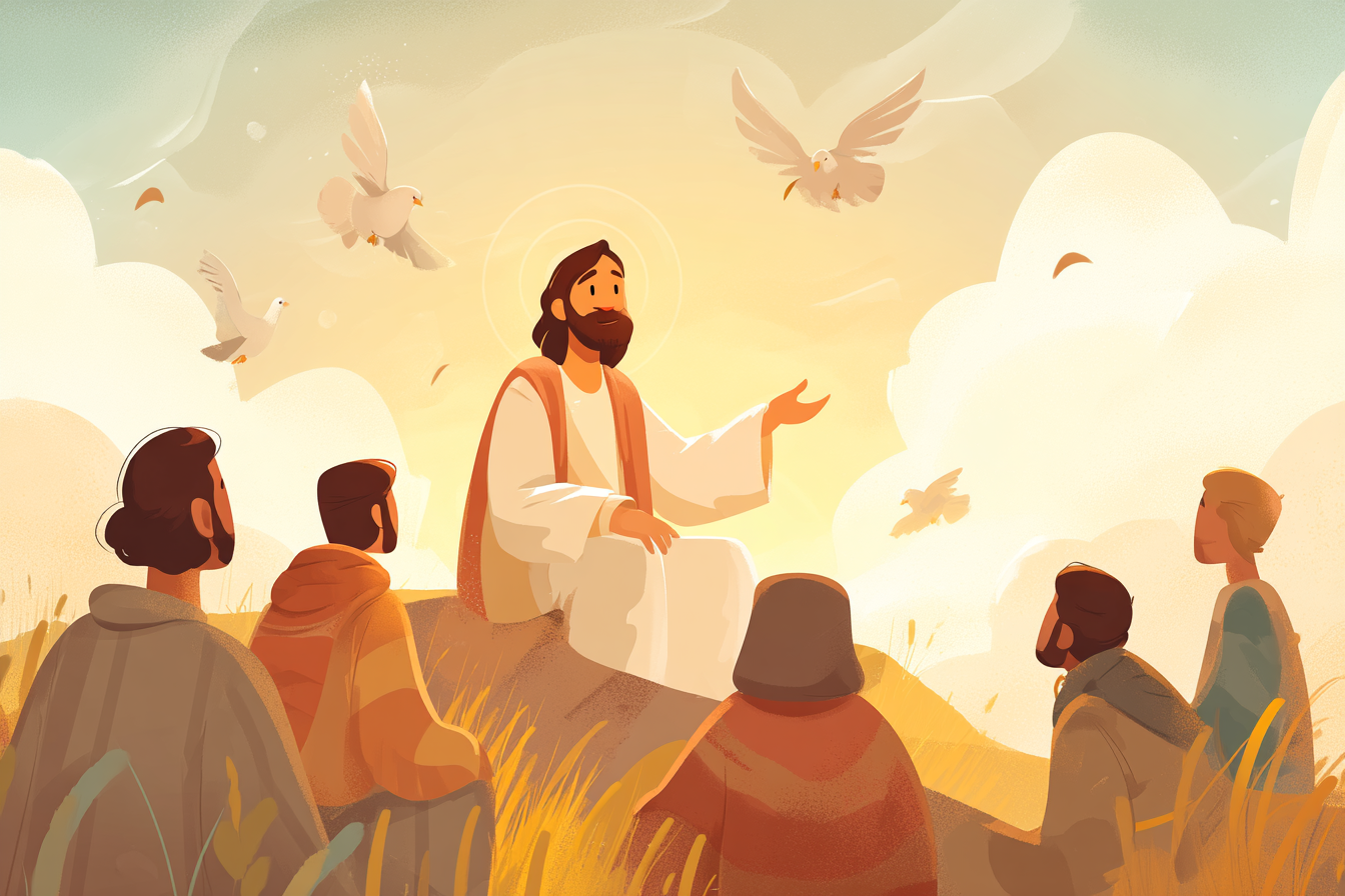A soft illustration of Jesus teaching on a hillside, halo shining as golden light fills the sky and listeners sit in peace.