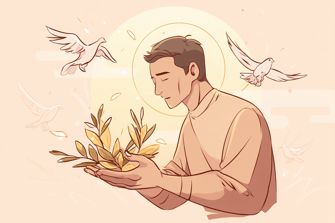A soft illustration of a believer with a halo lifting a golden olive wreath upward in warm light, symbolizing honor