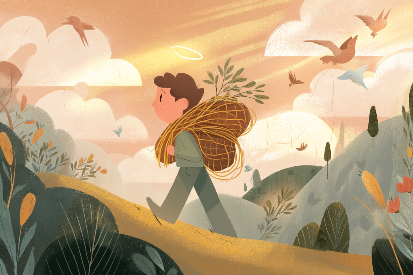 A soft illustration of a believer with a halo carrying ropes on their back, walking a golden path under warm light with hills and flowers around.