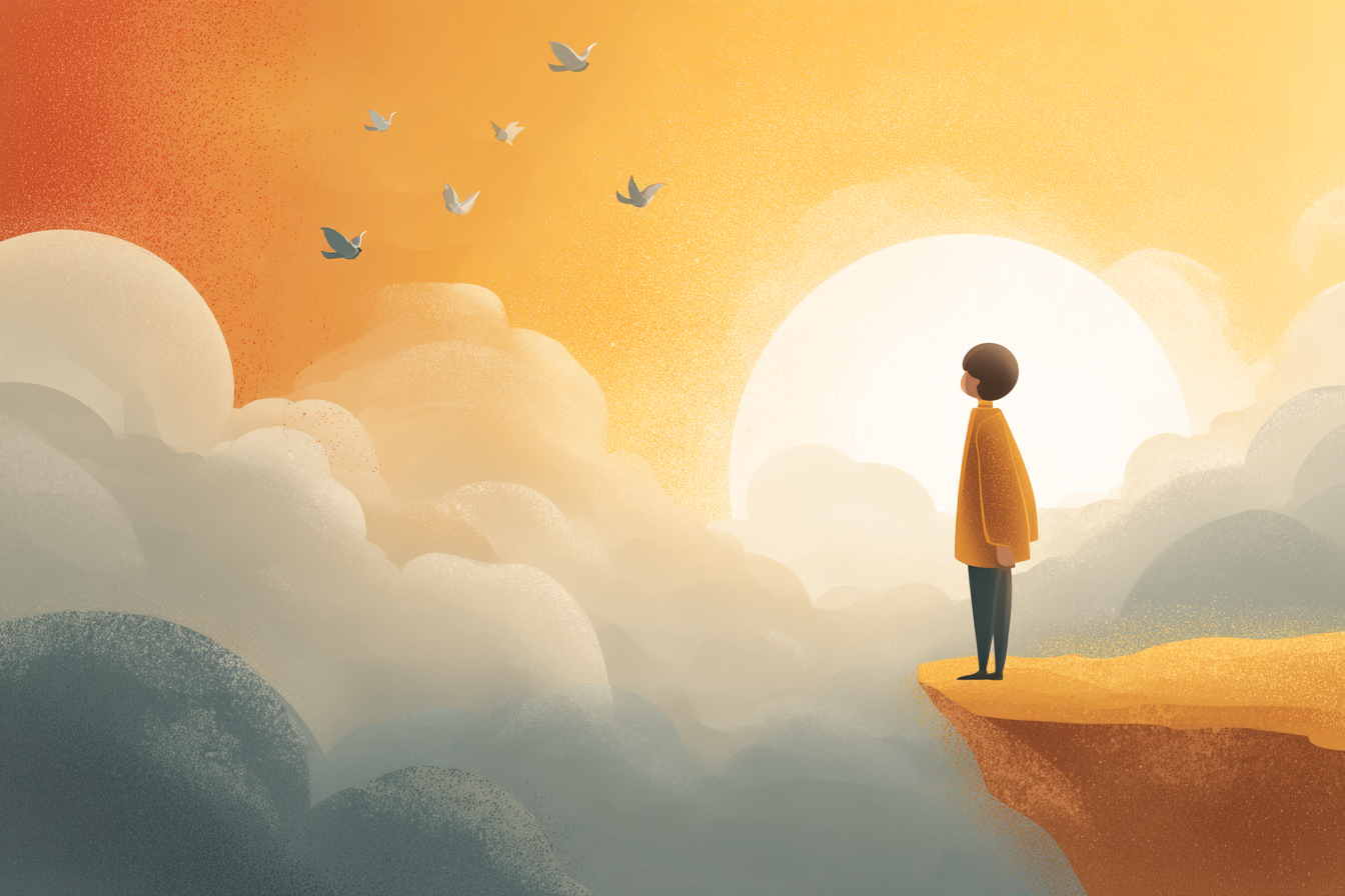 A soft illustration of a believer with a halo standing on a golden cliff edge, facing the horizon as light breaks through the clouds.