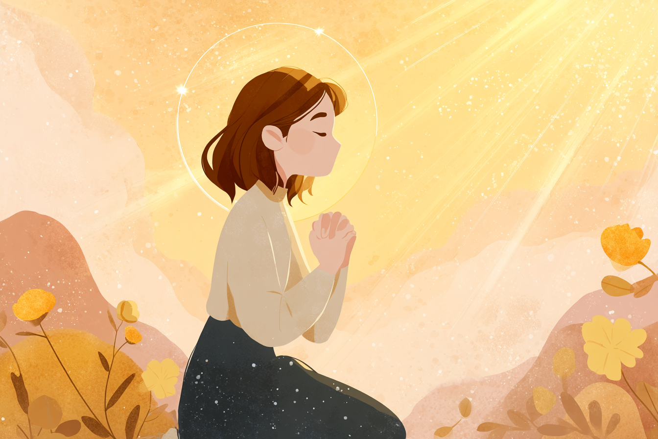 A soft close-up illustration of a believer kneeling in prayer, halo shining gently as golden light streams behind them.