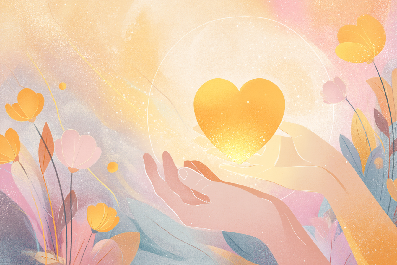 A soft illustration of a believer with a halo offering a glowing golden heart to another, surrounded by warm pastel light and flowers.