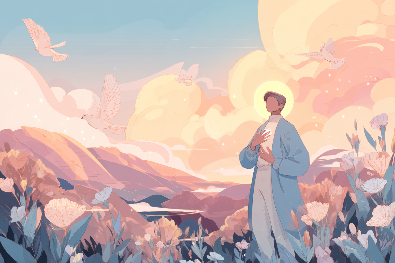 A soft illustration of a believer with a halo reaching toward golden light, standing among hills, flowers, and doves in a pastel sky.