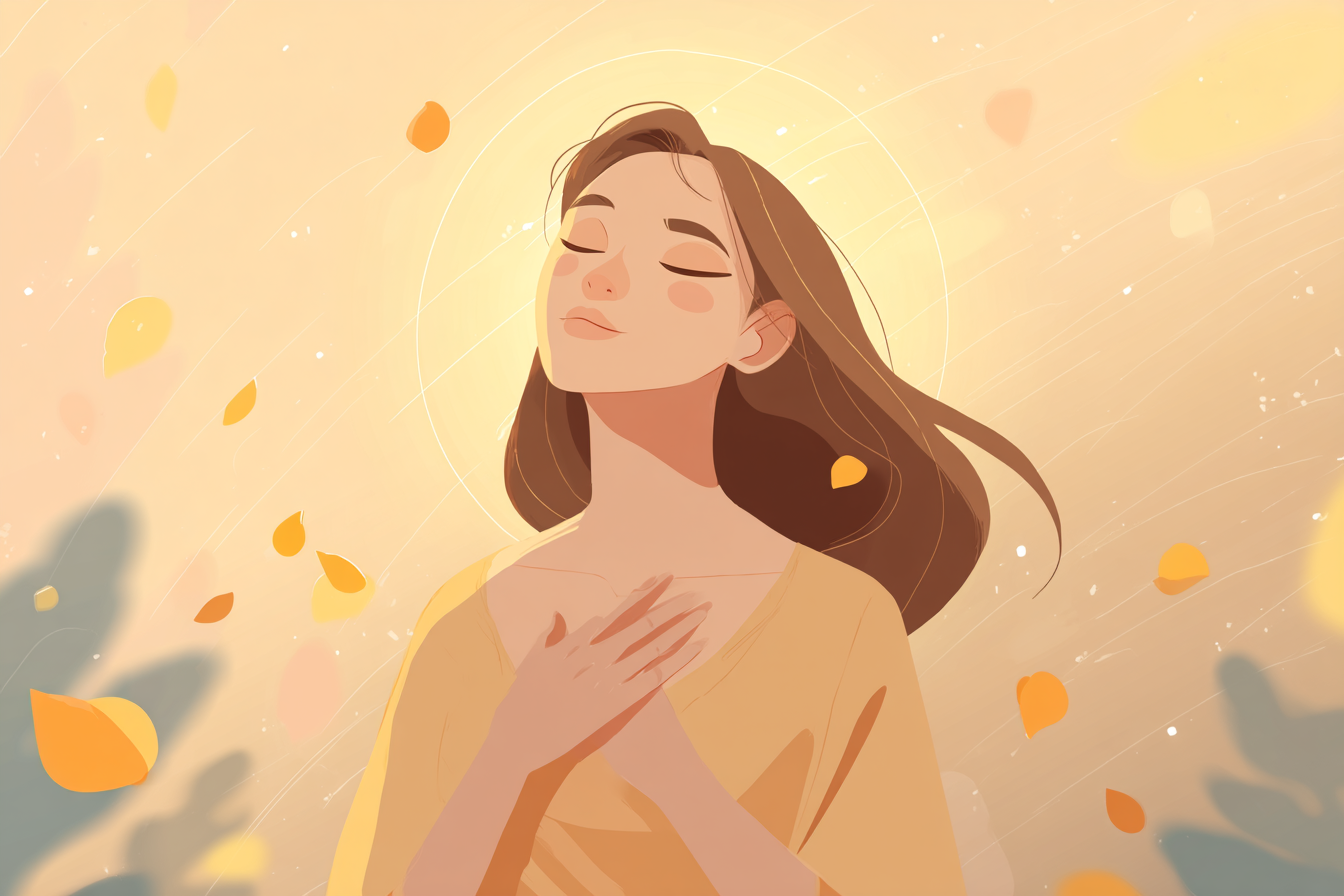 A soft close-up illustration of a person with a halo, eyes closed in prayer, hands held to their heart as golden light and petals surround them.