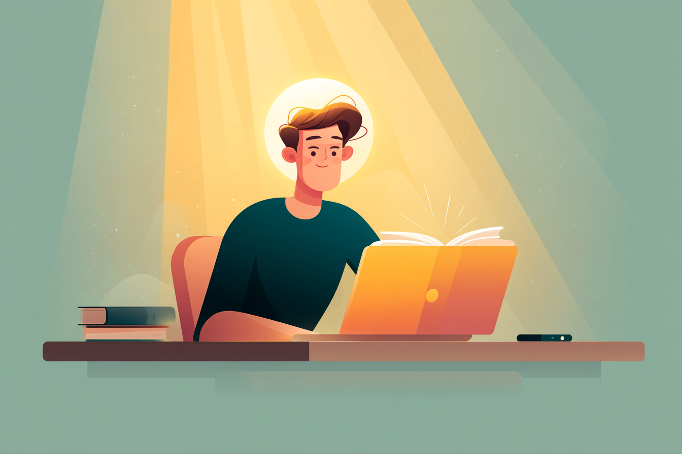 A soft illustration of a person with a halo studying the Bible at a desk, with a phone and laptop set aside under golden light.