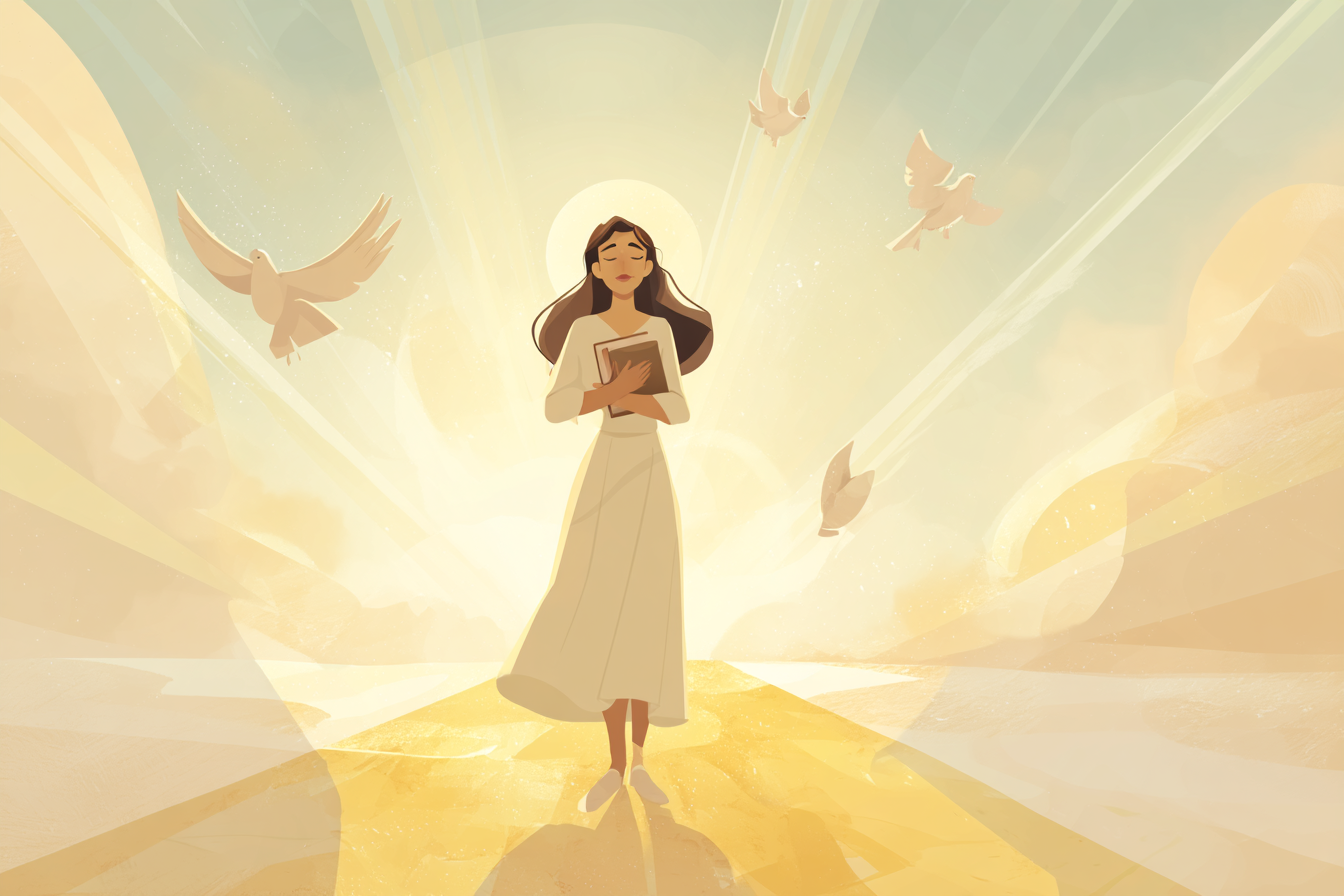 A soft illustration of a woman with a halo standing on a golden path, holding a Bible as doves fly across a radiant pastel sky.
