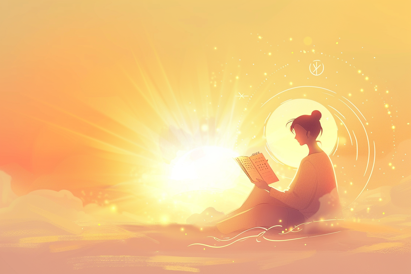A peaceful illustration of a person with a glowing halo, sitting with an open planner in golden light, symbolizing God’s guidance over time.