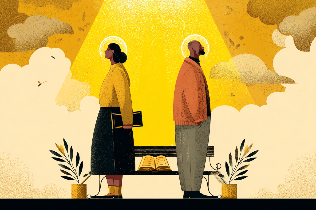 A cartoon illustration of two people standing apart with halos, golden light between them, and an open Bible on a bench with olive branches nearby.