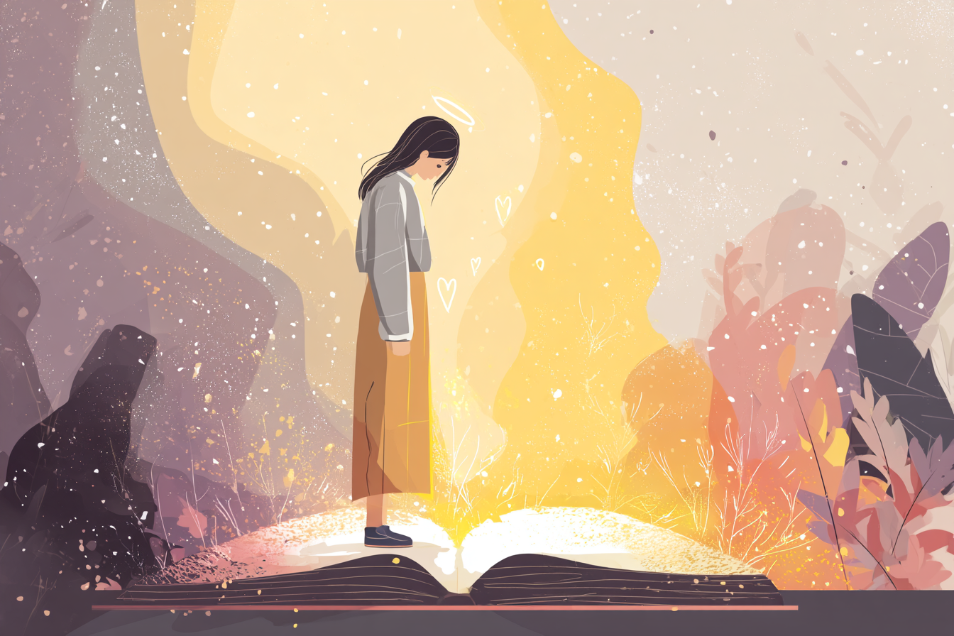 A cartoon illustration of a person with a halo bowing their head with golden light shining on them, a dark shadow fading behind, and a glowing Bible at their feet.