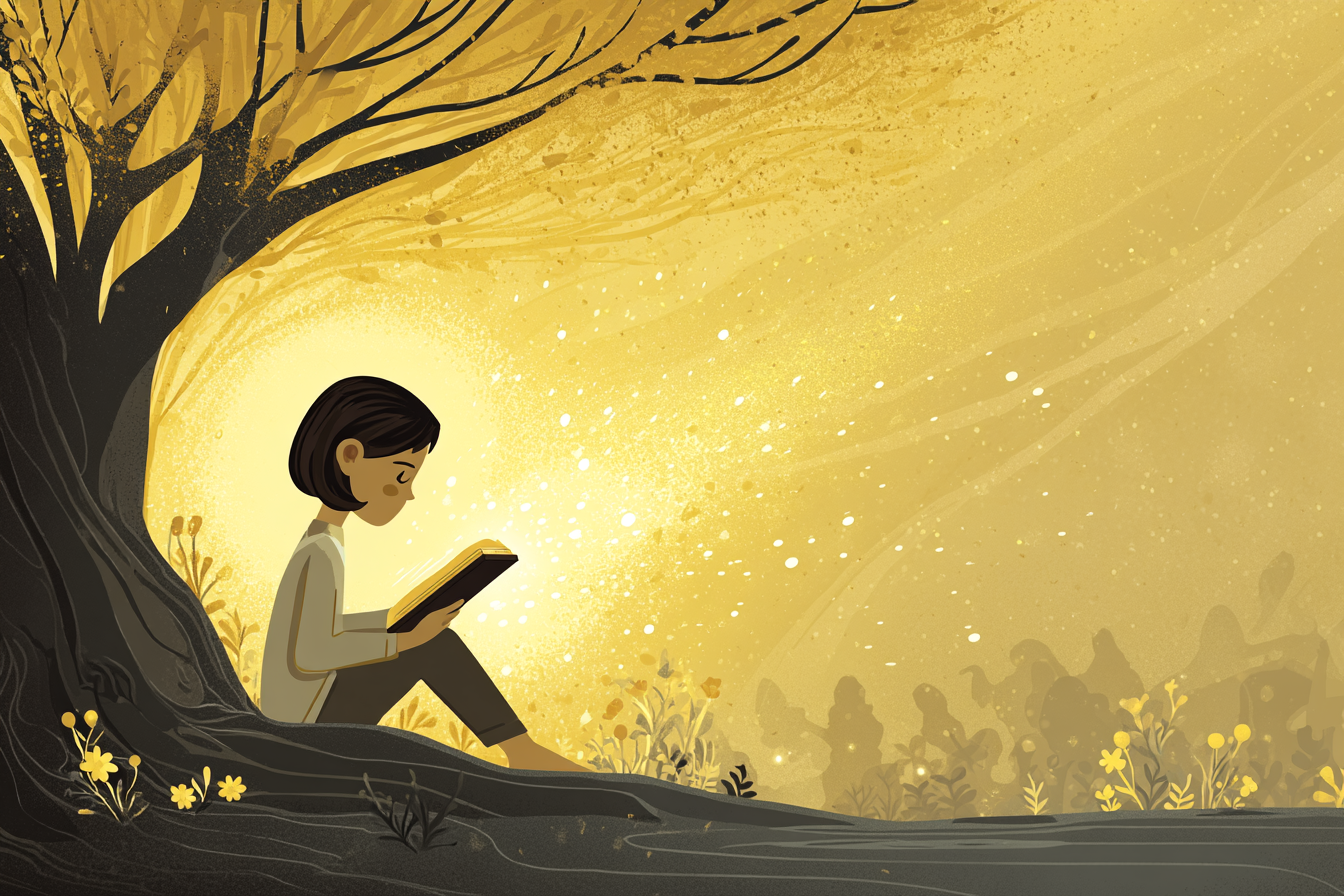 A cartoon illustration of a person with a halo sitting under a tree, reading a Bible in their lap with golden light around them and distant fading figures behind.