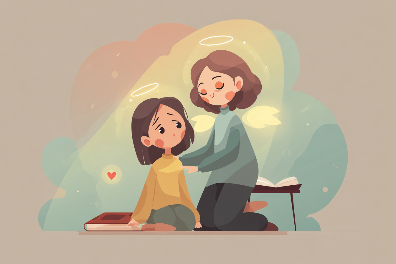 A cartoon illustration of one person sitting tired while another kneels beside them with a gentle smile, placing a hand on their back, golden light and a Bible nearby.