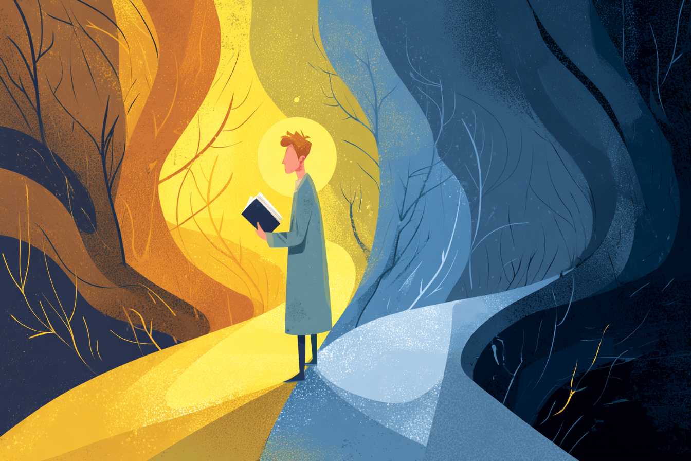 A cartoon illustration of a person with a halo standing at a forked path, holding a Bible and looking toward the glowing light path while a shadowy path looms beside.