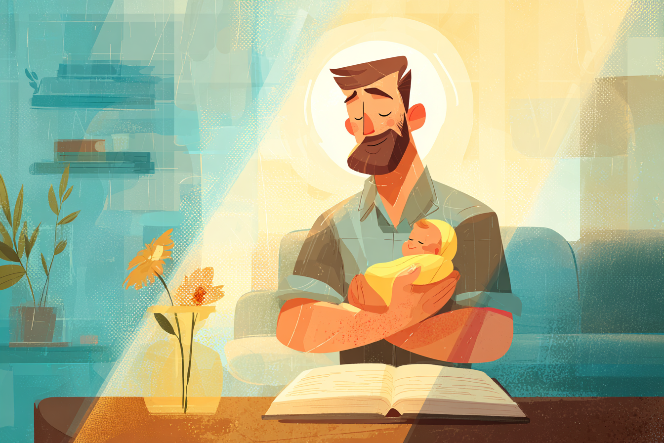 A cartoon illustration of a new father with a halo holding his baby in a golden-lit room, with an open Bible and small flower nearby.