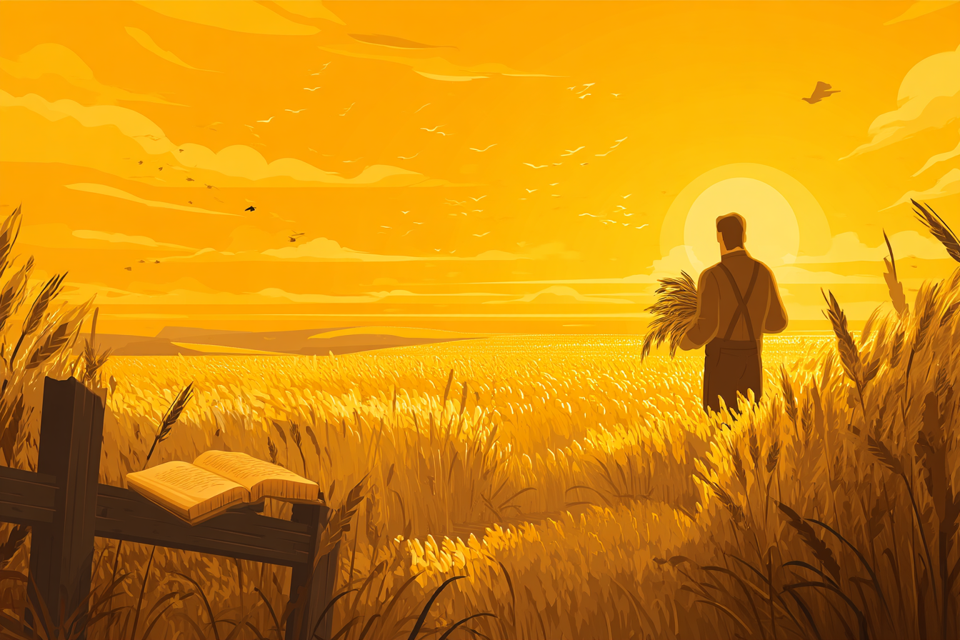 A cartoon illustration of a person with a halo standing in a golden wheat field at sunrise, holding a bundle of wheat with an open Bible on a fence post nearby.
