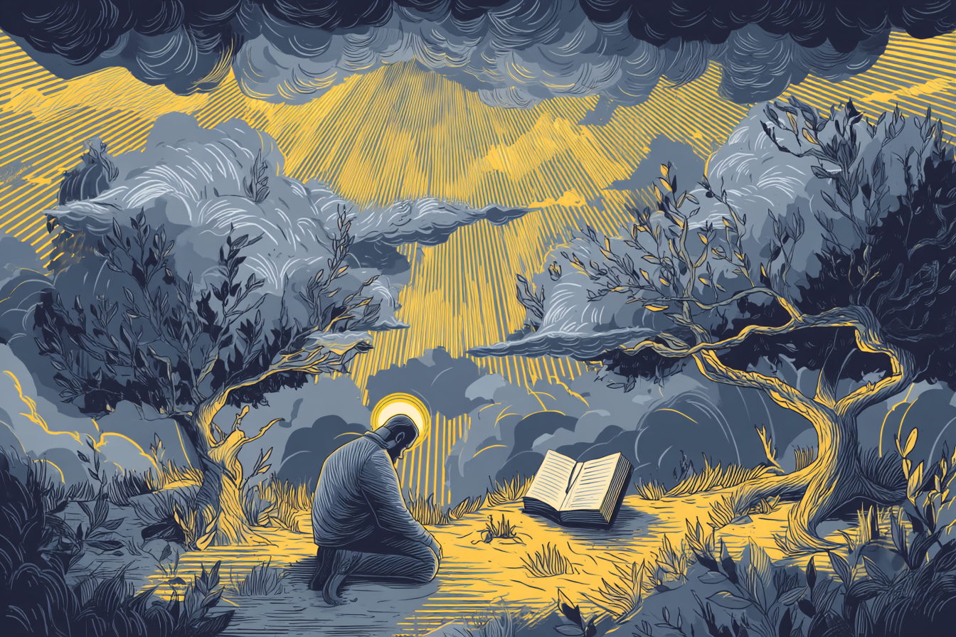 A cartoon illustration of a person with a halo kneeling in prayer as dark clouds swirl, golden light breaking through, and an open Bible beside them.
