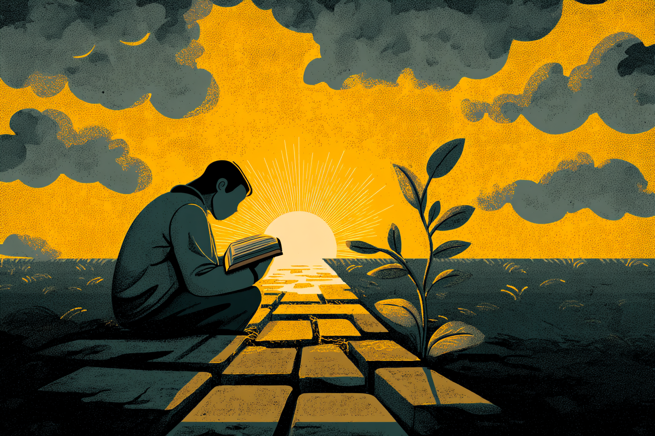 A cartoon illustration of a weary person with a halo sitting on a path at sunrise, holding a Bible as golden light breaks through clouds with a sprout nearby.