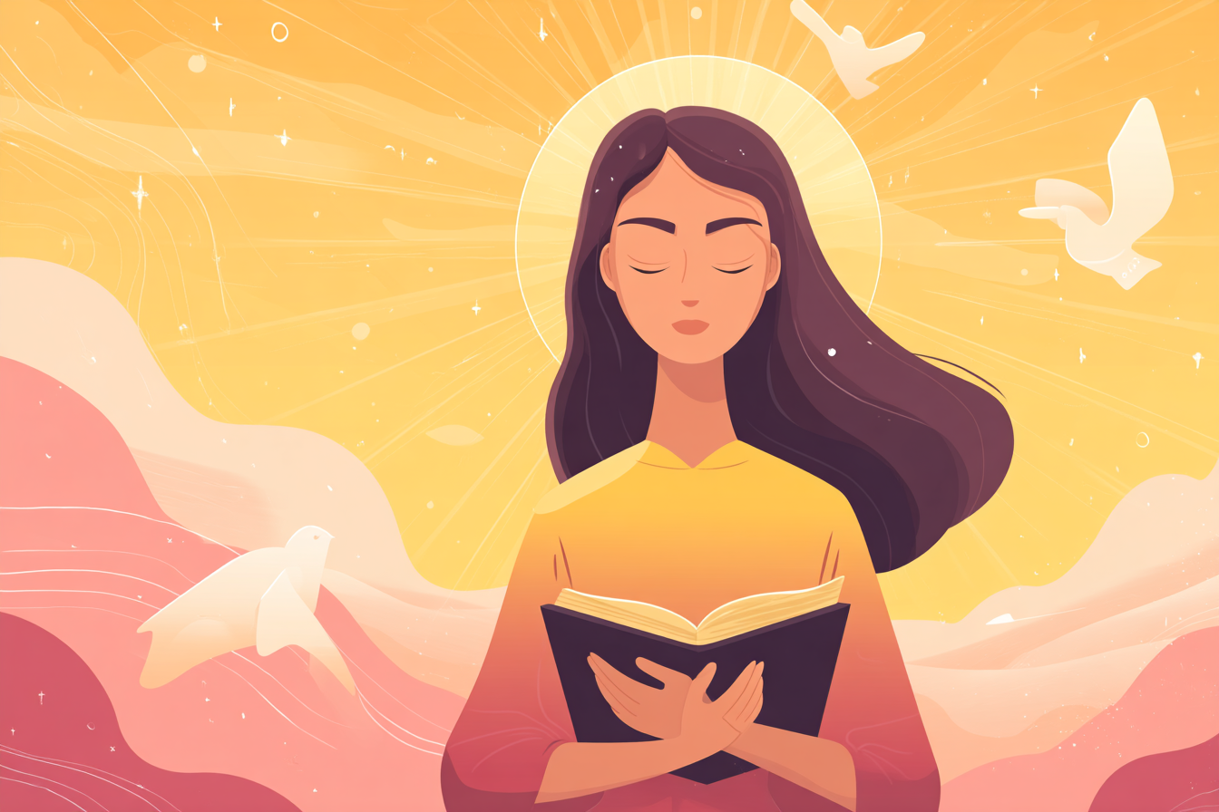 A cartoon illustration of a person with a halo standing with eyes closed, holding a Bible to their chest as golden light surrounds them with faint heavenly symbols.