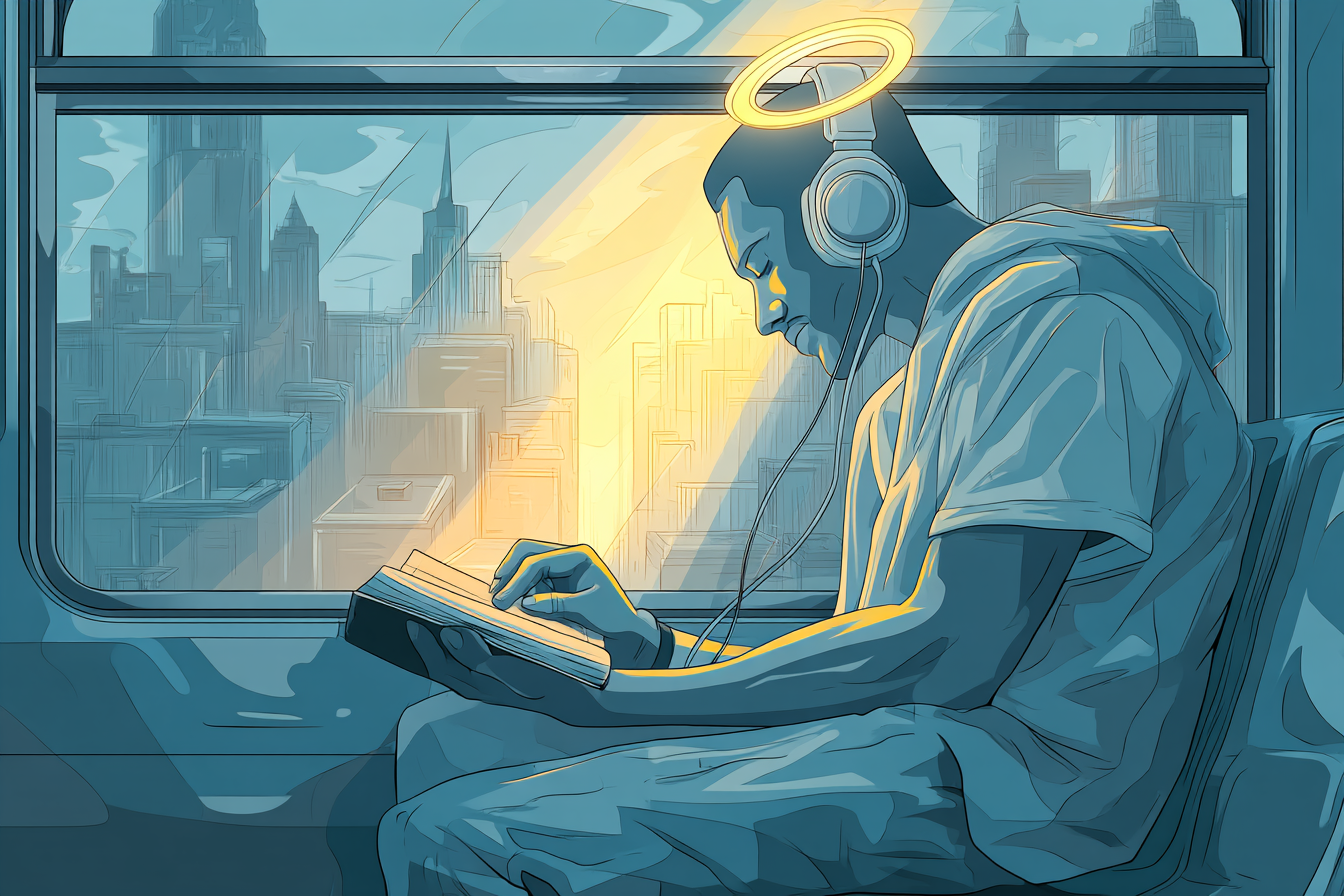 A cartoon illustration of a person with a halo reading a Bible on a train, golden light shining through the window, headphones on, with a peaceful city scene outside.