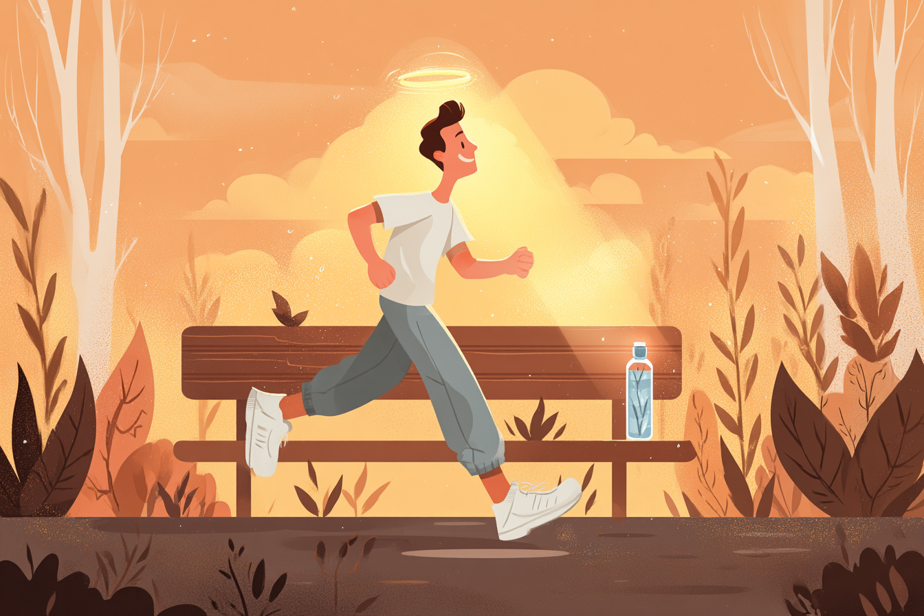 A cartoon illustration of a person with a halo jogging along a sunrise path in modest athletic clothing, with a Bible and water bottle on a bench nearby.