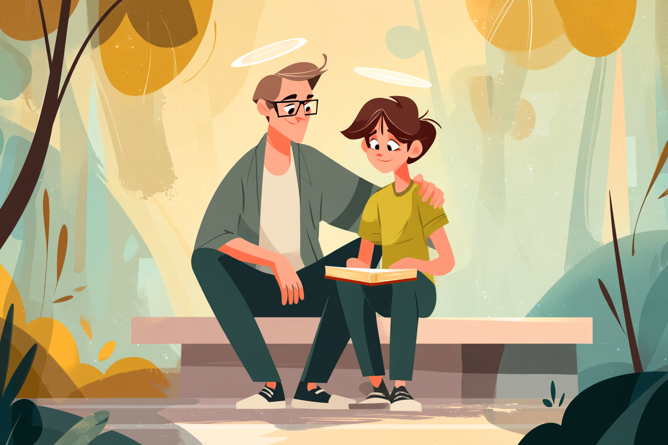 A cartoon illustration of a parent with a halo sitting beside their teenager on a porch step at sunset, gently resting a hand on their shoulder with a Bible between them.
