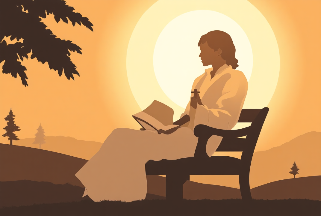 A cartoon illustration of a person with a halo sitting on a bench at dawn, holding a cross and Bible, with golden light rising in the background.