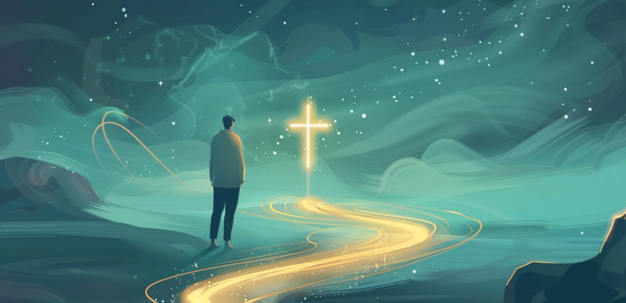 A person stands at a foggy crossroads, surrounded by swirling mist, while a glowing cross shines clearly through the haze ahead.