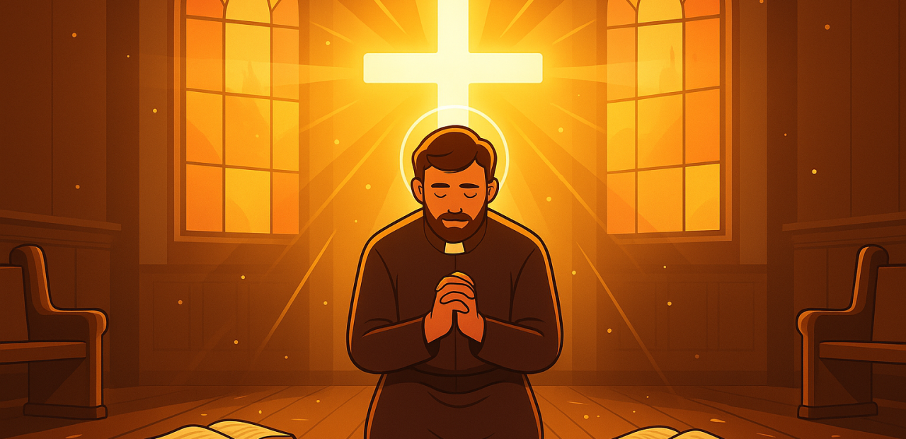 Alt Text: A pastor kneels in prayer before a glowing cross inside a warmly lit church, surrounded by open Bibles and golden light.