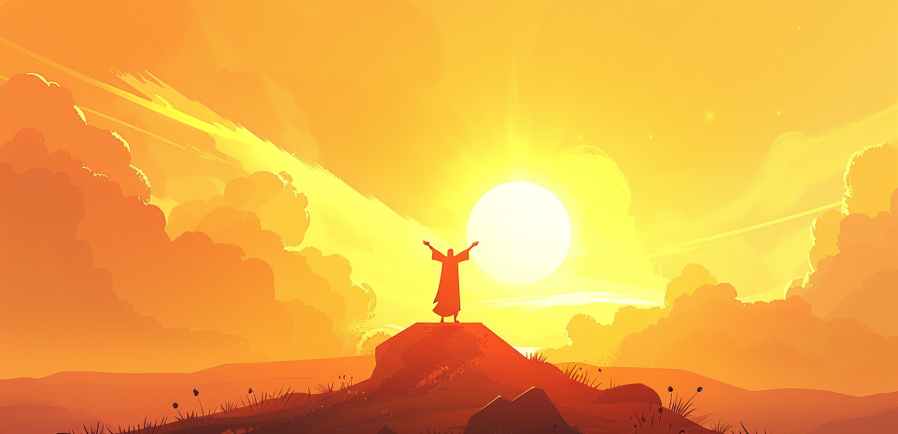 A biblical figure standing on a hill with arms raised toward the sunrise, surrounded by golden light and a peaceful sky.